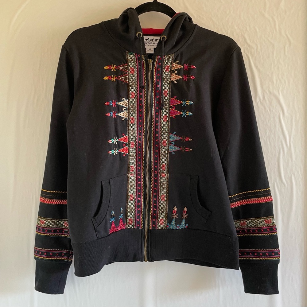 Black Embroidered Hoodie Full Zippered Women’s Size M by Back in the Saddle